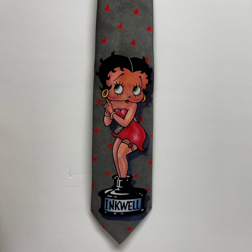 Vintage 1993 Betty Boop in the Inkwell Ralph Marlin Grey Heart Print Necktie USA